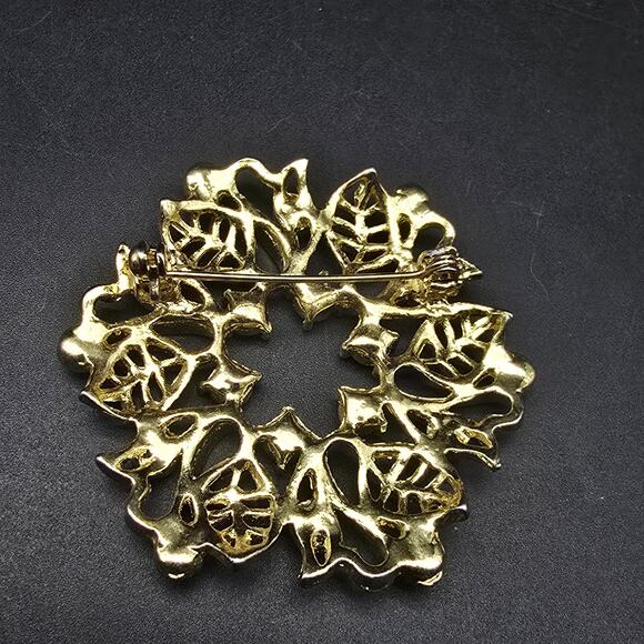 Aurora Borealis Rhinestone Flower Brooch Wreath Gold Tone Vintage Jewelry - Picture 6 of 7